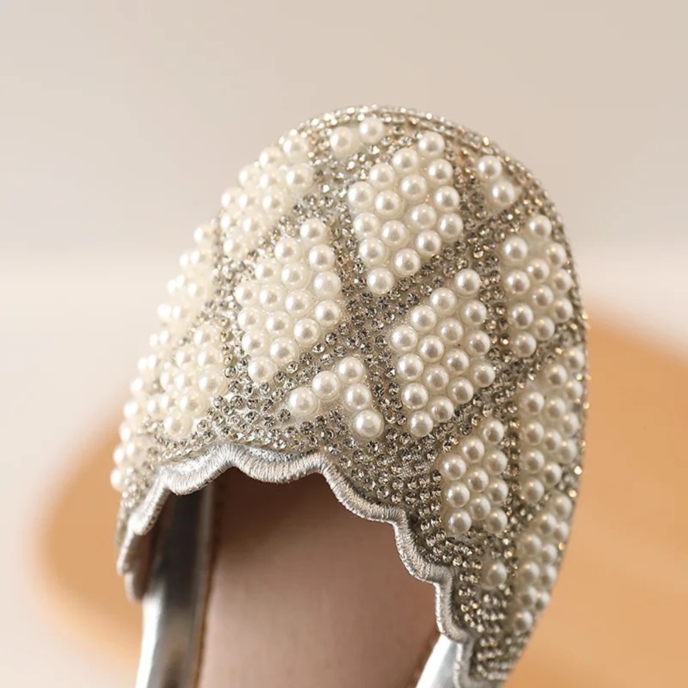 Girls Mary Jane Ballerina Flat Dress Shoes Pearl Rhinestone Glitter flats - Picture 6 of 10
